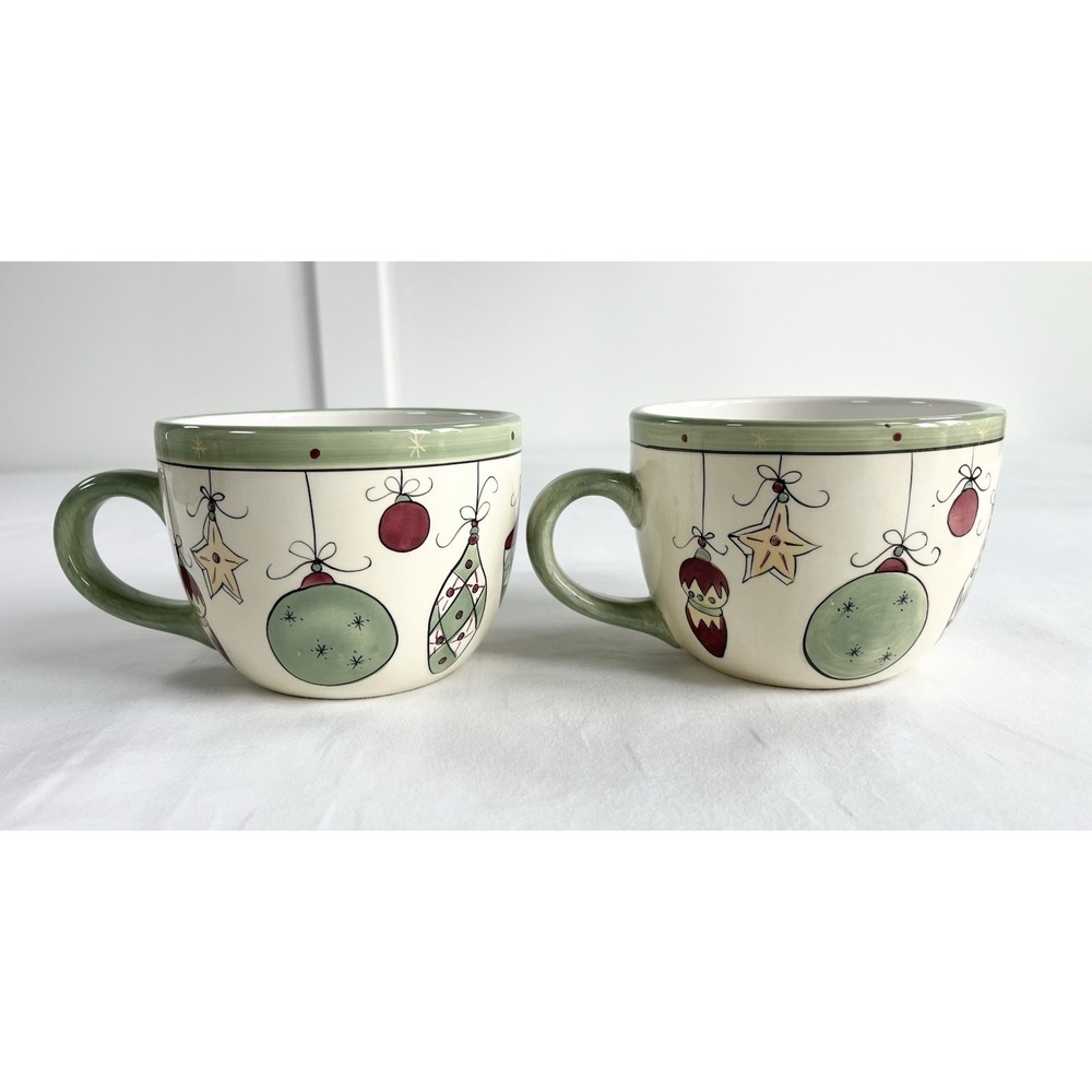 2 Vintage Brushes KIC‎ Hand Painted Christmas Ornament Coffee Mugs Set 12oz